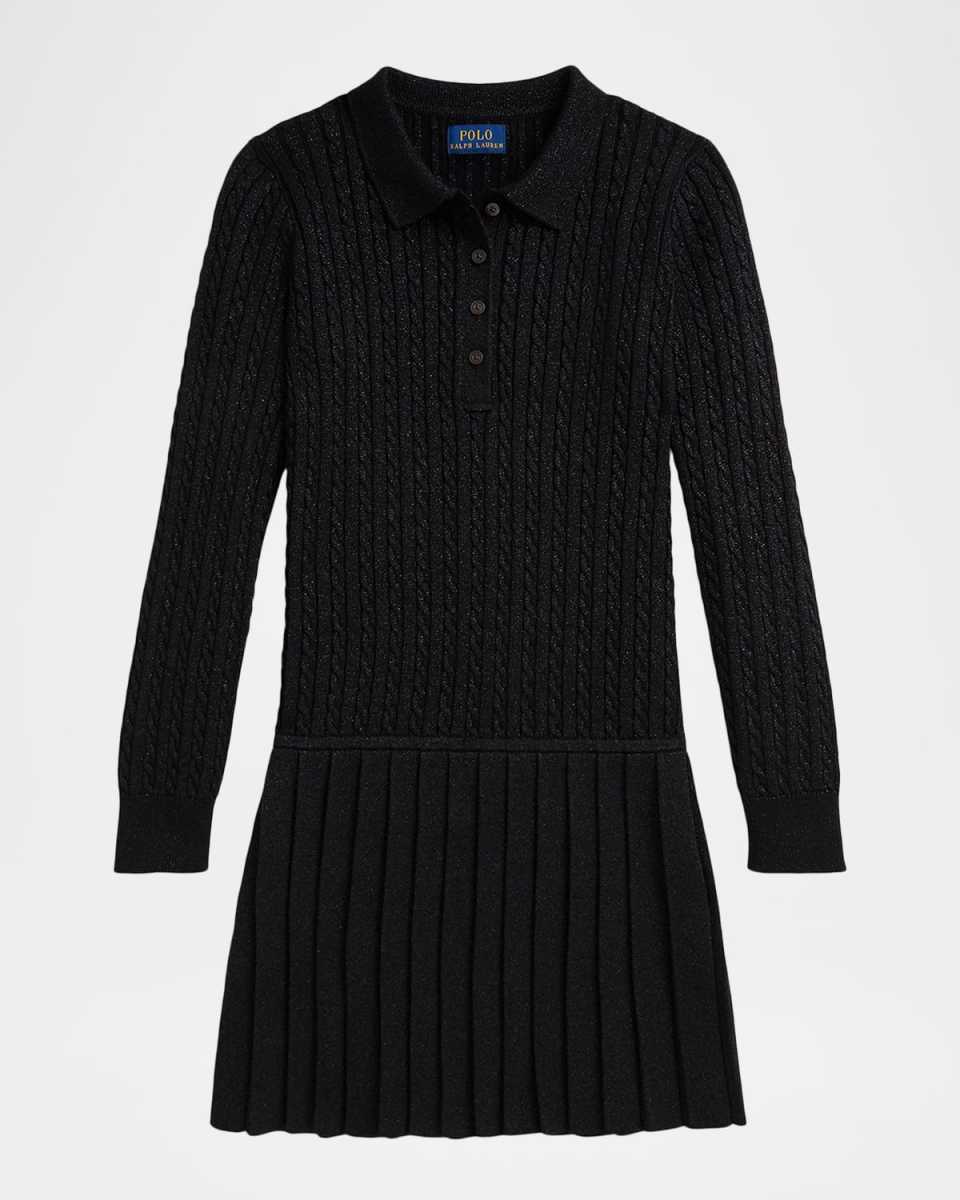 Girl's Metallic Mini-Cable Polo Sweater Dress, Size S-X